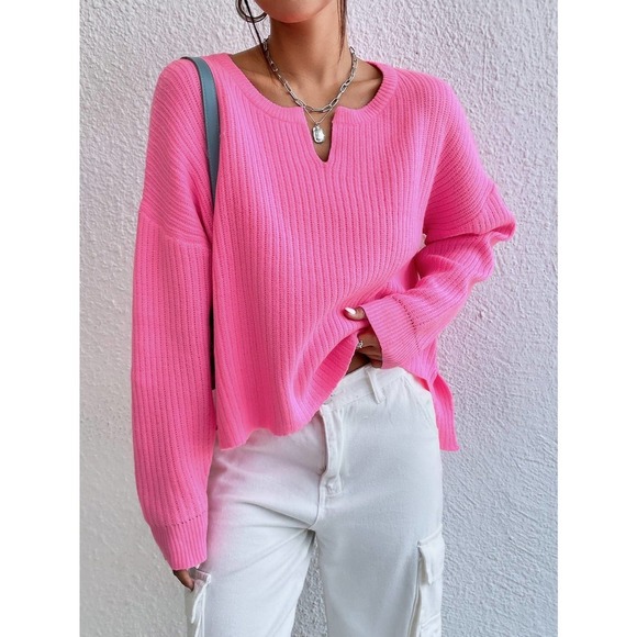 Hot pink barbie Notched Neck Drop Shoulder Split Hem Sweater - Picture 2 of 7